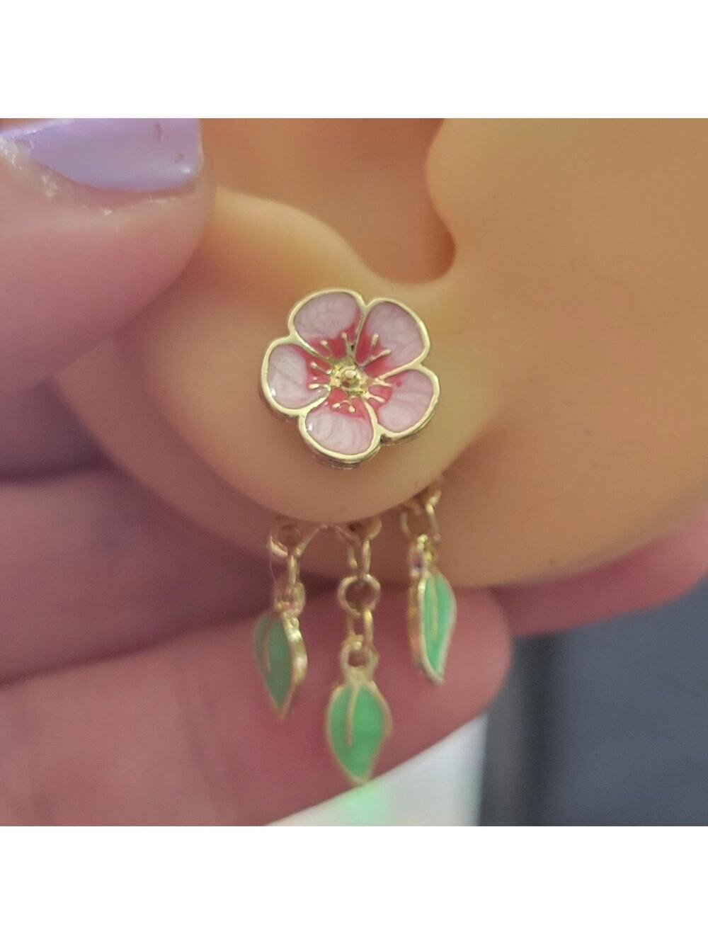 Pink green & gold tone cherry blossom post earrings